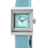 Gucci G-Frame Pastel Blue Mother of Pearl Dial Blue Leather Strap Watch For Women - YA128531