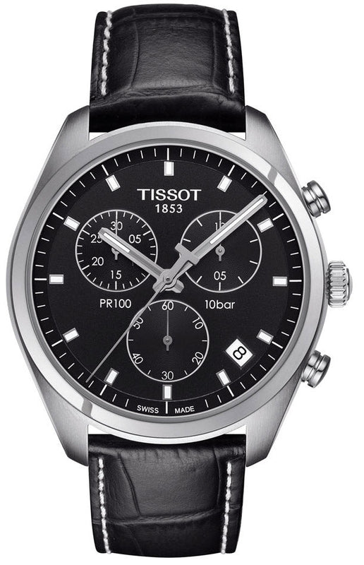 Tissot PR 100 Chronograph Black Dial Black Leather Strap Watch For Men - T101.417.16.051.00