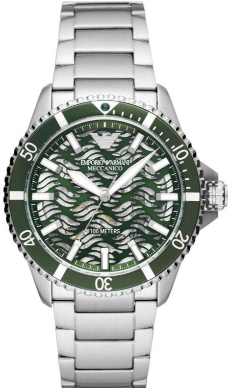 Emporio Armani Sea Explorer Meccanico Automatic Green Dial Silver Steel Strap Watch For Men - AR60061