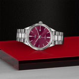 Tudor Style Automatic Burgundy Red Dial Silver Steel Strap Watch for Men - M12710-0015