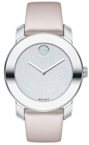 Movado Bold Glitter Silver Dial Pink Leather Strap Watch For Women - 3600522