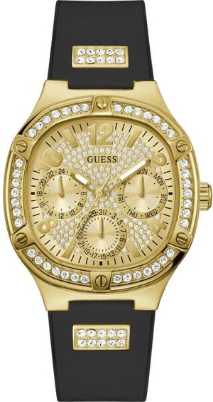Guess Duchess Crystals Gold Dial Black Silicon Strap Watch For Women - GW0619L2