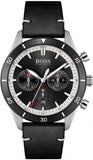 Hugo Boss Globetrotter Chronograph Black Dial Black Leather Strap Watch for Men - 1513864