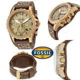 Fossil Nate Chronograph Gold Dial Brown Leather Strap Watch for Men - JR1495