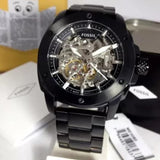 Fossil Modern Machine Automatic Silver Dial Black Steel Strap Watch for Men - ME3080