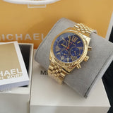 Michael Kors Lexington Chronograph Blue Dial Gold Steel Strap Watch For Women - MK6206
