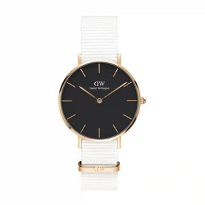 Daniel Wellington Classic Petite Dover Black Dial White NATO Strap Watch For Women - DW00100312