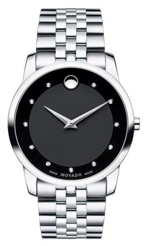 Movado Museum Diamonds Black Dial Silver Steel Strap Watch For Men - 606878
