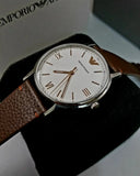 Emporio Armani Kappa Silver Dial Brown Leather Strap Watch for Men - AR11173