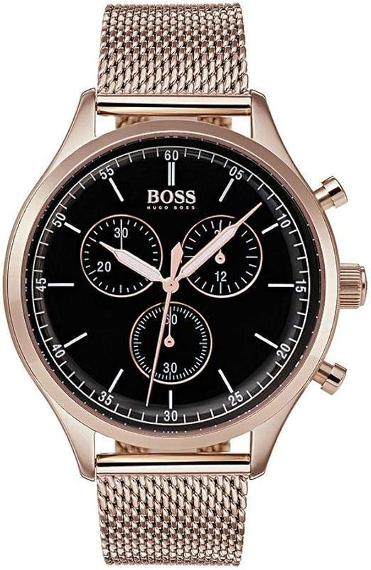Hugo Boss Companion Chronograph Black Dial Rose Gold Mesh Strap Watch For Men - 1513548
