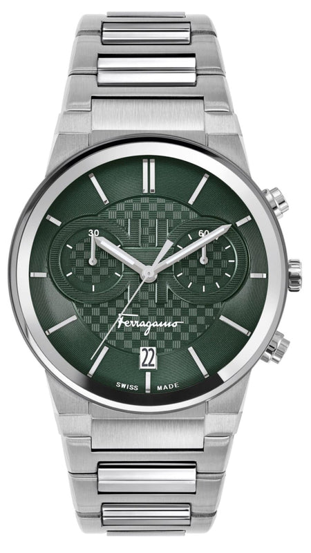 Salvatore Ferragamo Sapphire Chrono Green Dial Silver Steel Strap Watch for Men - SFME00421