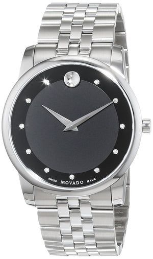 Movado Museum Diamonds Black Dial Silver Steel Strap Watch For Men - 606878
