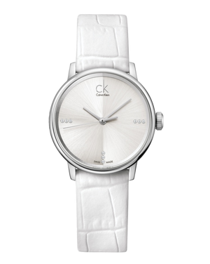 Calvin Klein Accent Silver Dial White Leather Strap Watch for Women - K2Y2Y1KW