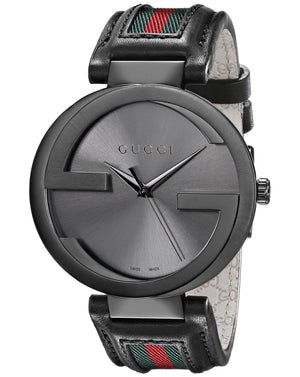 Gucci Interlocking G XL Black Dial Red & Green Leather Strap Watch For Men - YA133206