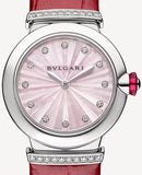 Bvlgari Lvcea Intarsio Diamonds Mother of Pearl Pink Dial Red Leather Strap Watch for Women - LVCEA103619