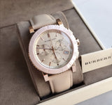 Burberry Chronograph Rose Gold Dial Beige Leather Strap Watch for Women - BU9704