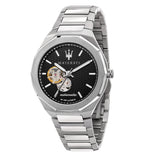 Maserati Stile Skeleton Automatic Black Dial Silver Steel Strap Watch For Men - R8823142002