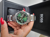Hugo Boss Pioneer Chronograph Green Dial Silver Steel Strap Watch for Men - 1513868