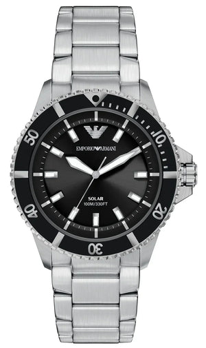 Emporio Armani World Explorer Solar Black Dial Silver Steel Strap Watch for Men - AR11787