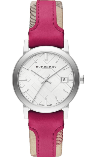 Burberry The City White Dial Haymarket Pink Leather Strap Watch for Women - BU9149