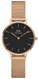 Daniel Wellington Classic Petite Melrose Black Dial Rose Gold Mesh Bracelet Watch For Women - DW00100217