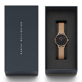 Daniel Wellington Classic Petite Melrose Black Dial Rose Gold Mesh Bracelet Watch For Women - DW00100217