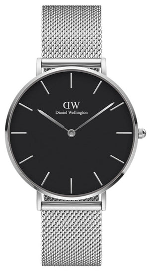 Daniel Wellington Petite Sterling Black Dial Silver Mesh Bracelet Watch For Women - DW00100304