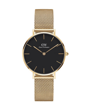 Daniel Wellington Classic Petite Black Dial Gold Mesh Bracelet Watch For Women - DW00100347