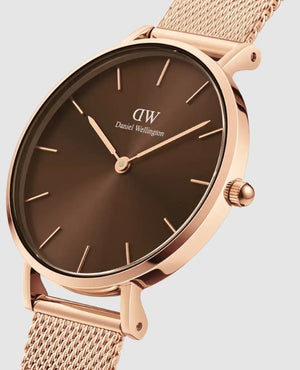 Daniel Wellington Petite Melrose Brown Dial Rose Gold Mesh Strap Watch For Women - DW00100477