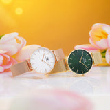 Daniel Wellington Petite Emerald Green Dial Gold Mesh Strap Watch For Women - DW00100480