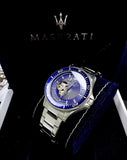 Maserati SFIDA Automatic Skeleton Blue Dial Silver Steel Strap Watch For Men - R8823140007