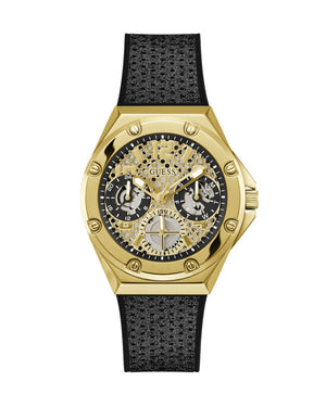 Guess Asteria Multifunction Gold Dial Black Rubber Strap Watch For Women - GW0620L2