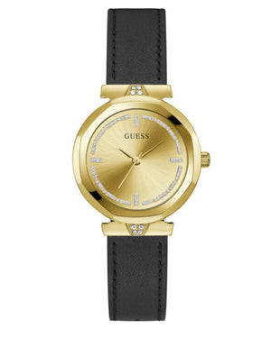 Guess Rumour Quartz Gold Dial Black Leather Strap Watch For Women - GW0689L2