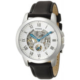 Fossil Grant Skeleton White Dial Black Leather Strap Watch for Men -  ME3053