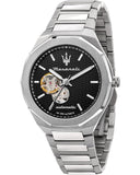 Maserati Stile Skeleton Automatic Black Dial Silver Steel Strap Watch For Men - R8823142002