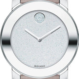 Movado Bold Glitter Silver Dial Pink Leather Strap Watch For Women - 3600522