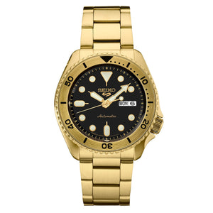 Seiko 5 Sports Automatic Black Dial Gold Steel Strap Watch For Men - SRPK18