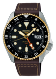 Seiko 5 Sports SKX GMT Automatic Mocha Black Dial Brown Leather Strap Watch For Men - SSK036K1