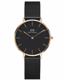 Daniel Wellington Petite Ashfield Black Dial Black Mesh Strap Watch For Women - DW00100245