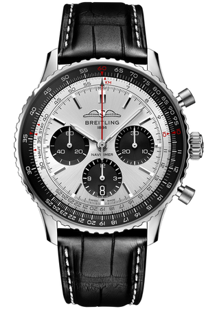Breitling Navitimer B01 Chronograph 43 Silver Dial Black Leather Strap Watch for Men - AB0138241G1P1