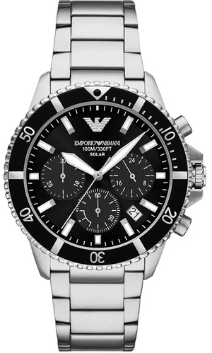 Emporio Armani World Explorer Black Dial Silver Steel Strap Watch for Men - AR11739