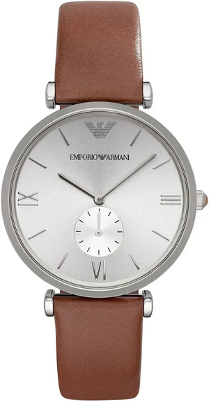 Emporio Armani Gianni Silver Dial Brown Leather Strap Watch for Men - AR1675