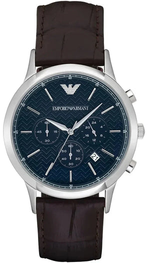 Emporio Armani Renato Chronograph Blue Dial Black Leather Strap Watch for Men  - AR2494