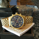 Michael Kors Lexington Chronograph Blue Dial Gold Steel Strap Watch For Women - MK6206