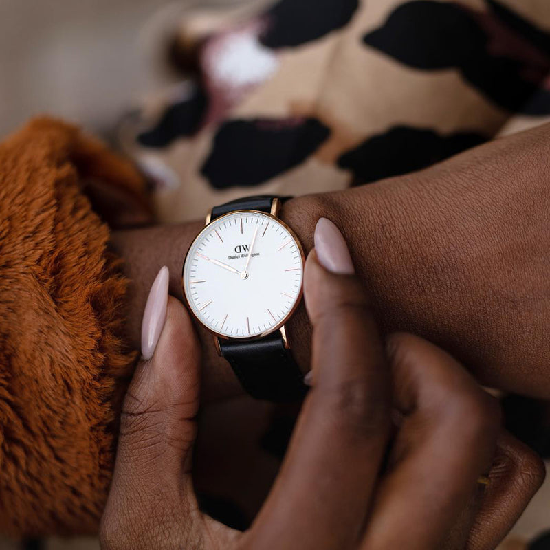 Daniel Wellington Classic Sheffield White Dial Black Leather Strap Watch for Women - DW00100036