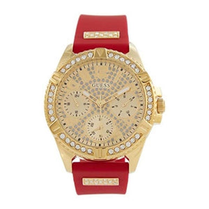 Guess Frontier Diamonds Gold Dial Red Rubber Strap Watch for Women - GW0045L2
