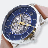 Fossil Commuter Automatic Skeleton Blue Dial Brown Leather Strap Watch for Men - ME3159