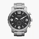 Fossil Nate Chronograph Black Dial Silver Steel Strap Watch for Men - JR1353