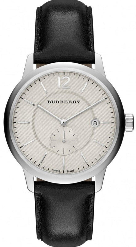 Burberry The Classic Horseferry Beige Dial Black Leather Strap Watch for Men - BU10000