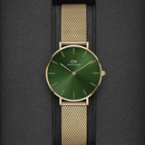 Daniel Wellington Petite Emerald Green Dial Gold Mesh Strap Watch For Women - DW00100480